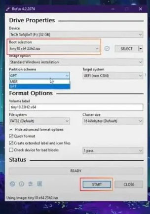 Click the Start button to begin the USB drive creation process.