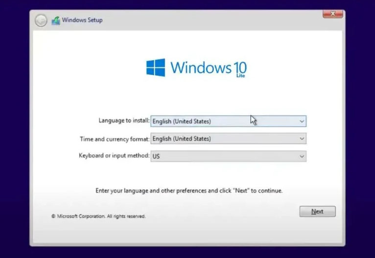 Follow the on-screen instructions including selecting language, time and currency format, keyboard or input method, and agreeing to the license terms