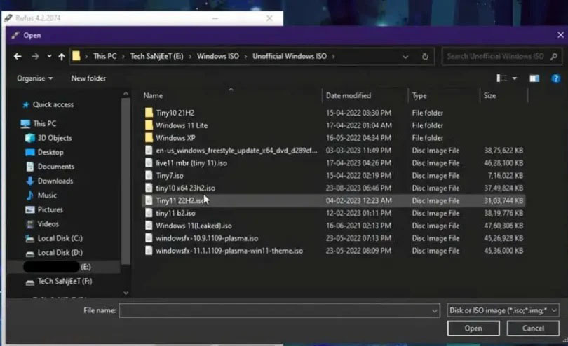 In the Rufus interface, select the Select button next to the Boot selectio